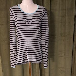 Escada Gray and Black Striped Long Sleeve Top with Blue Trim, M